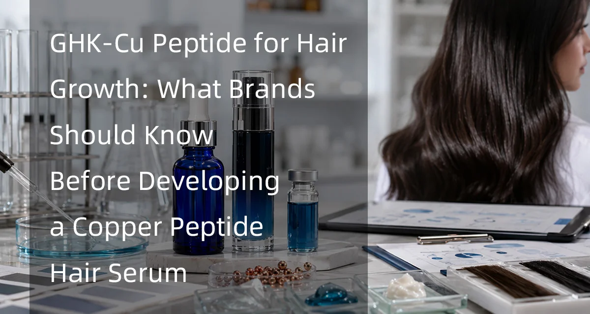 Lab setting with blue serums, charts, hair samples, and a woman with shiny dark hair, highlighting GHK-Cu peptide in hair growth.